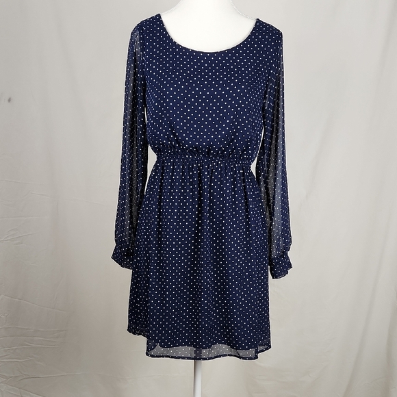 Everly Dresses & Skirts - Everly Blue Polka Dot Long Sleeve Dress Knee Length